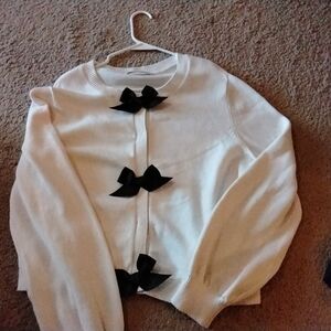 LOFT White Cardigan with Black Bow Details